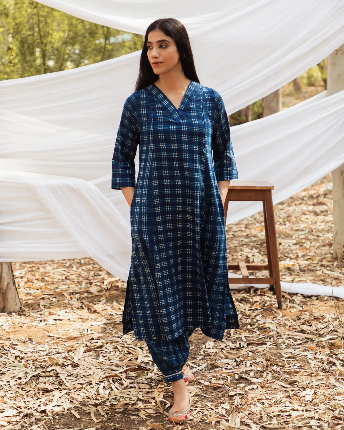 Maira V Neck Indigo A Line Kurta with Harem Pant