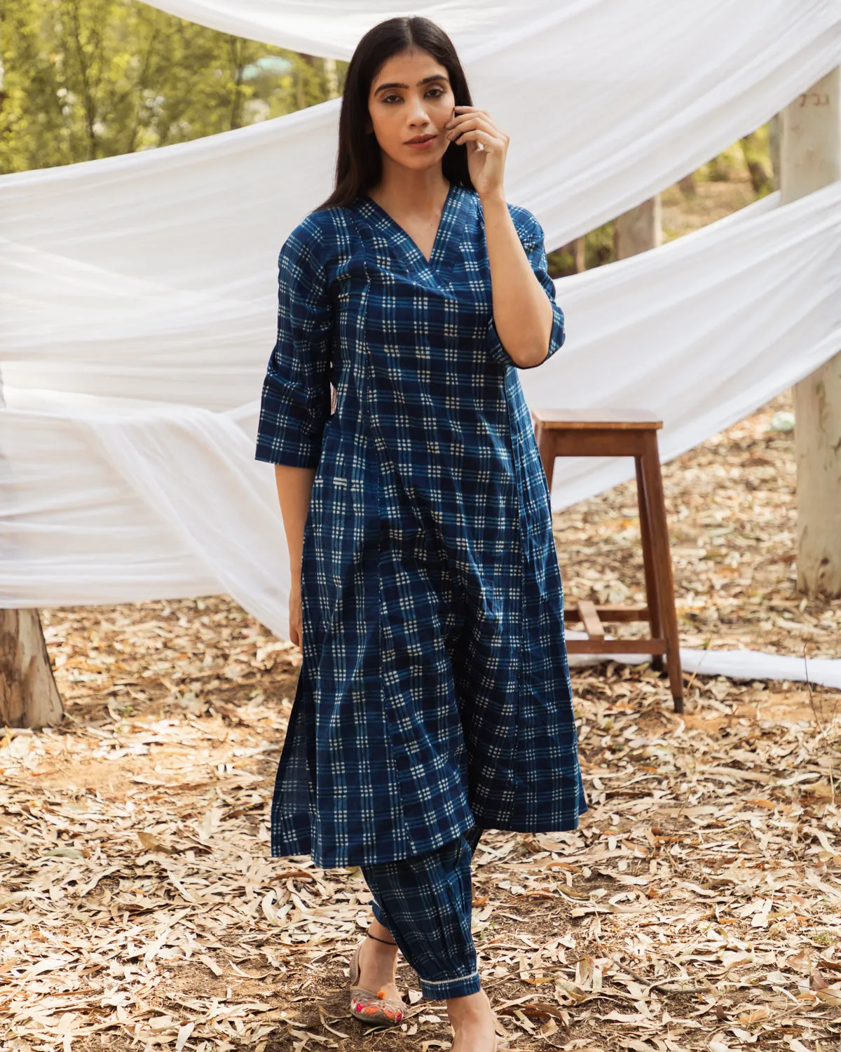 Maira V Neck Indigo A Line Kurta with Harem Pant