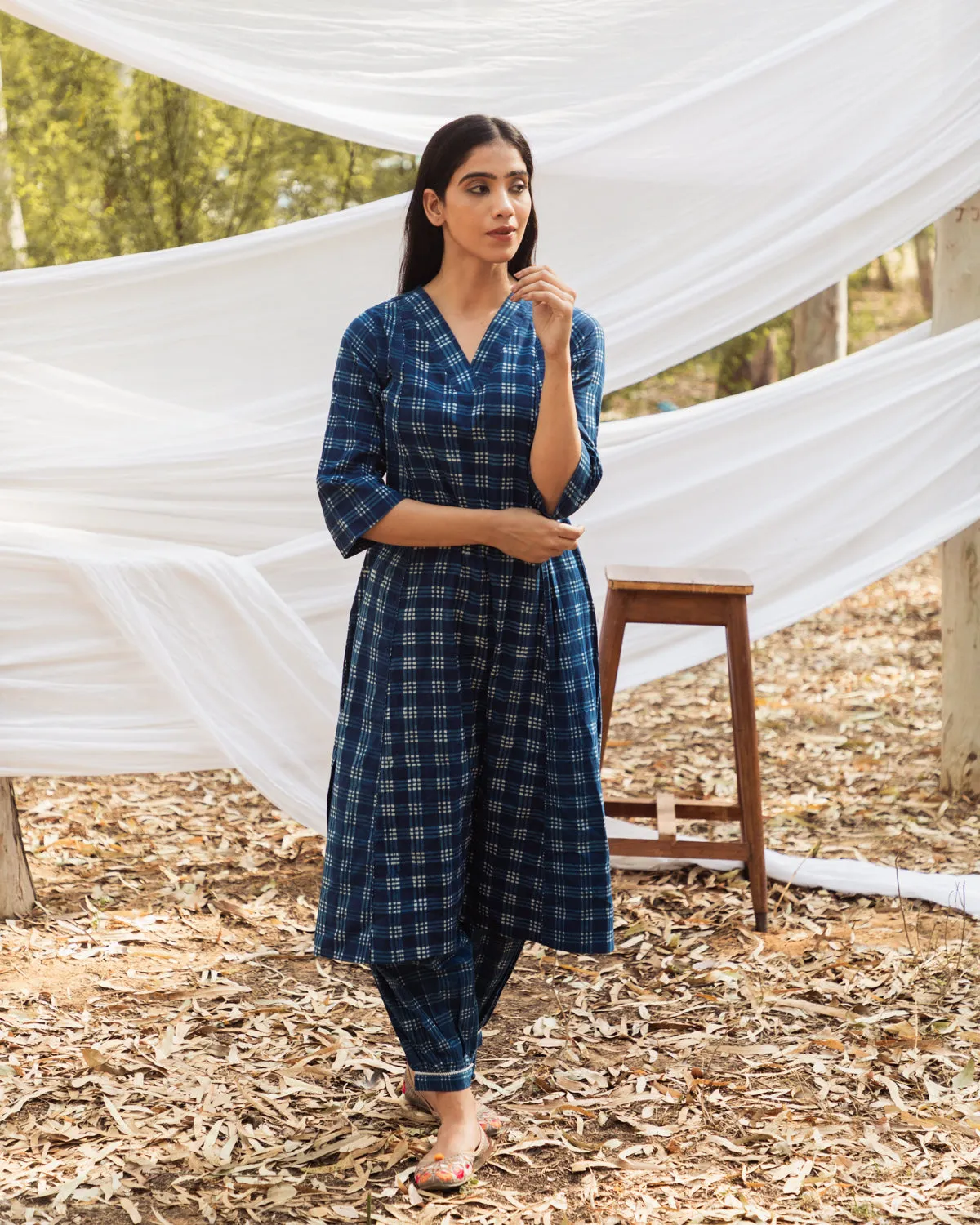 Maira V Neck Indigo A Line Kurta with Harem Pant