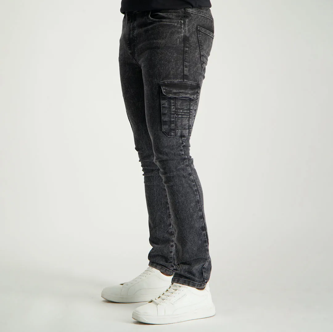 MENS MODA BLACK ACID WASH DENIM CARGO JEANS