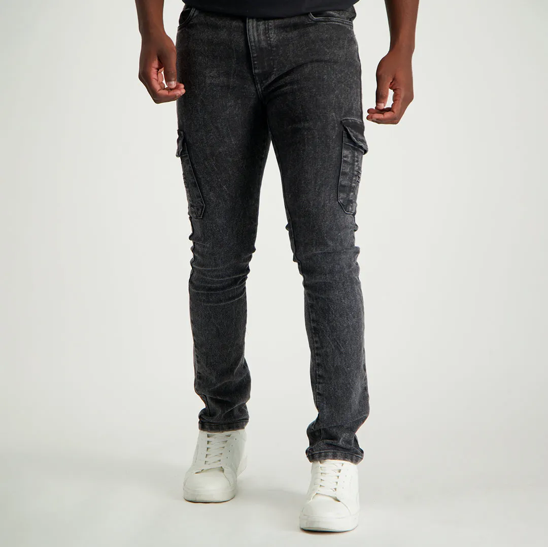 MENS MODA BLACK ACID WASH DENIM CARGO JEANS