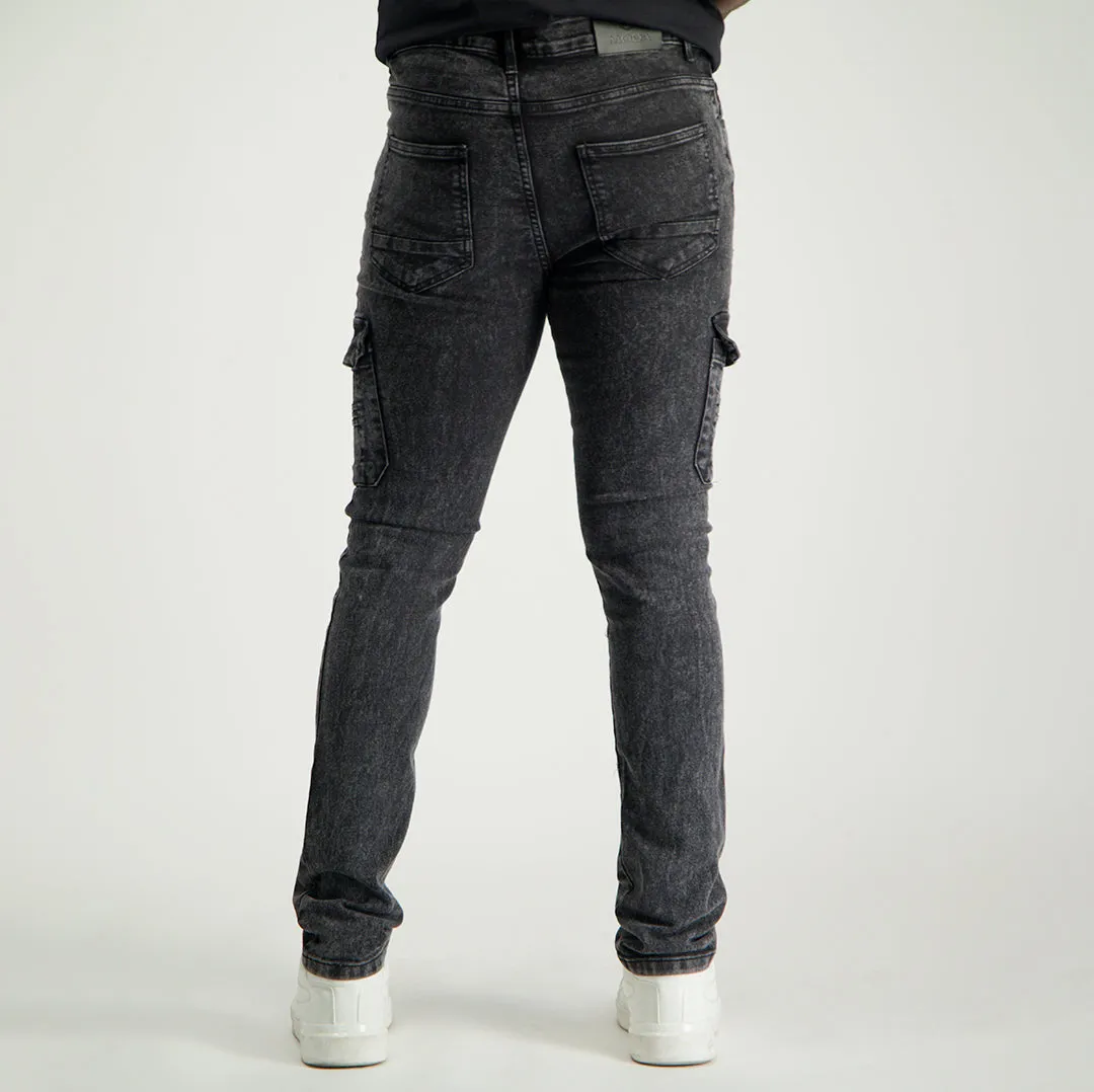 MENS MODA BLACK ACID WASH DENIM CARGO JEANS