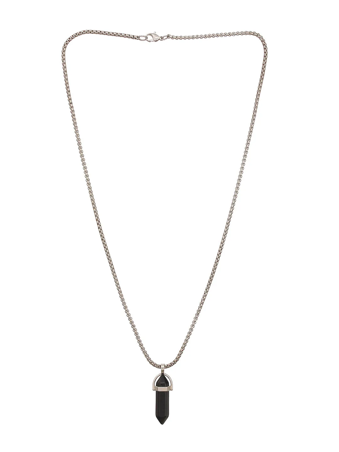 Mens Silver-Toned & Black Silver-Plated Necklace