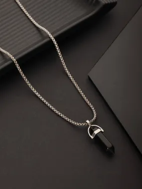 Mens Silver-Toned & Black Silver-Plated Necklace