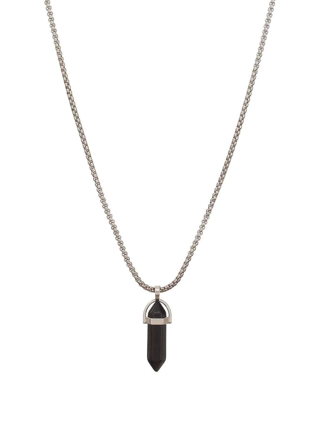 Mens Silver-Toned & Black Silver-Plated Necklace