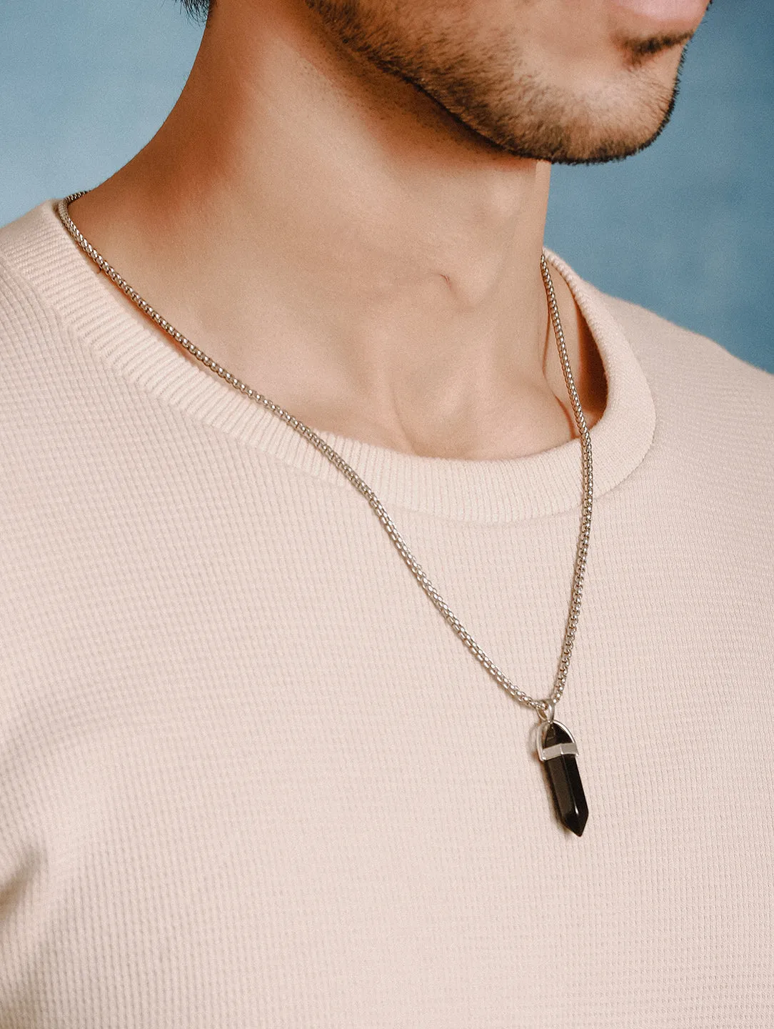 Mens Silver-Toned & Black Silver-Plated Necklace