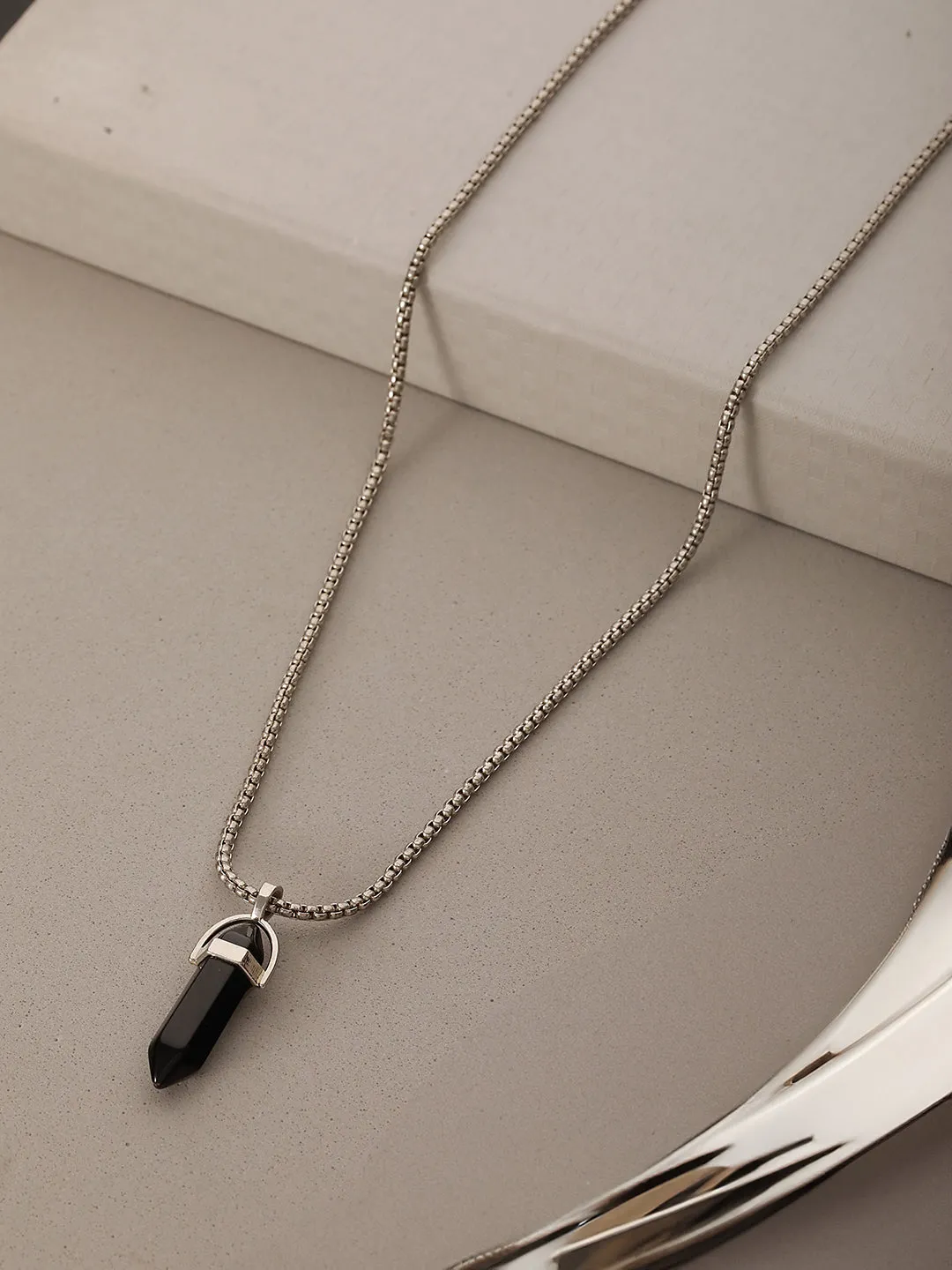 Mens Silver-Toned & Black Silver-Plated Necklace