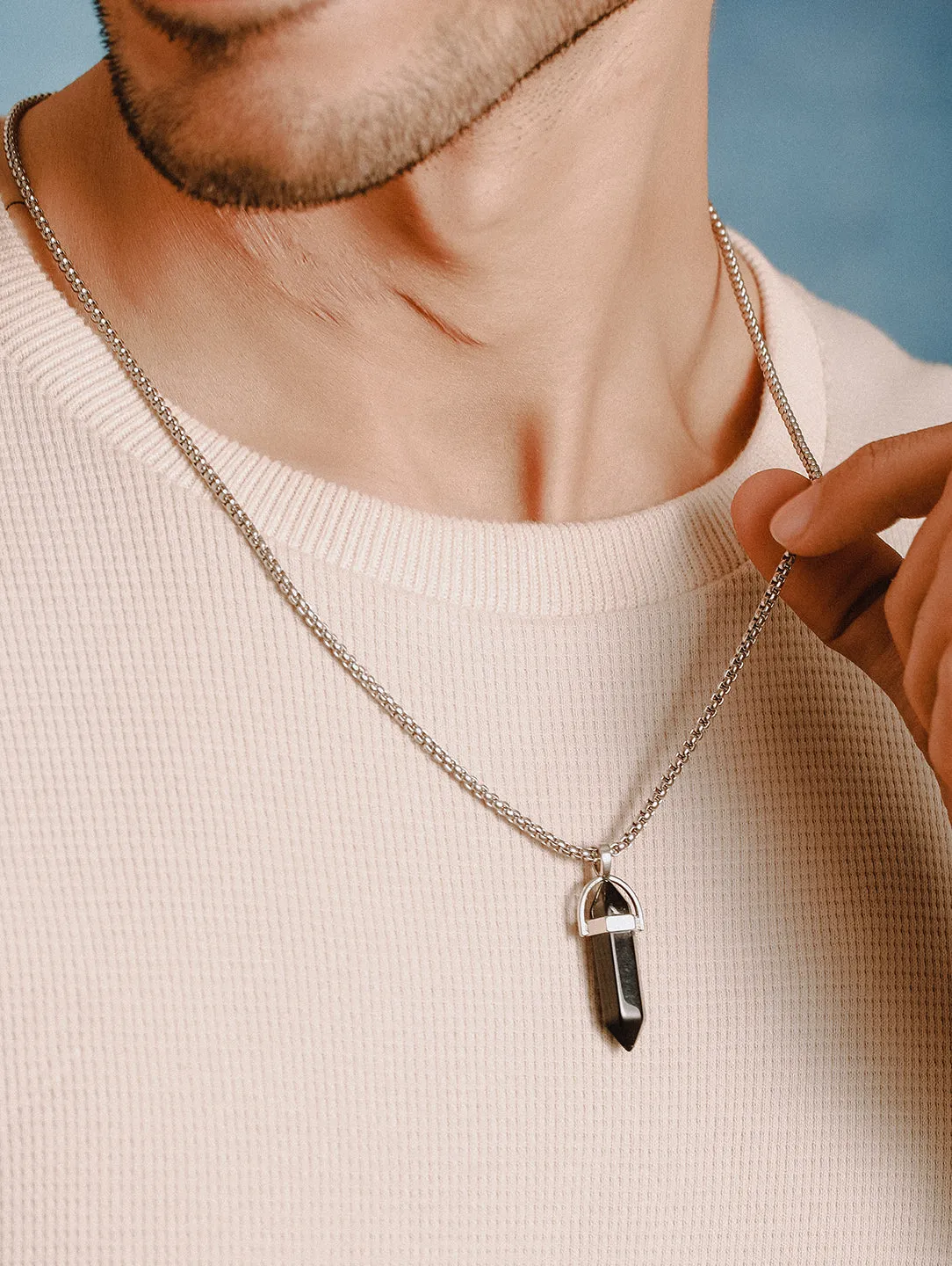 Mens Silver-Toned & Black Silver-Plated Necklace