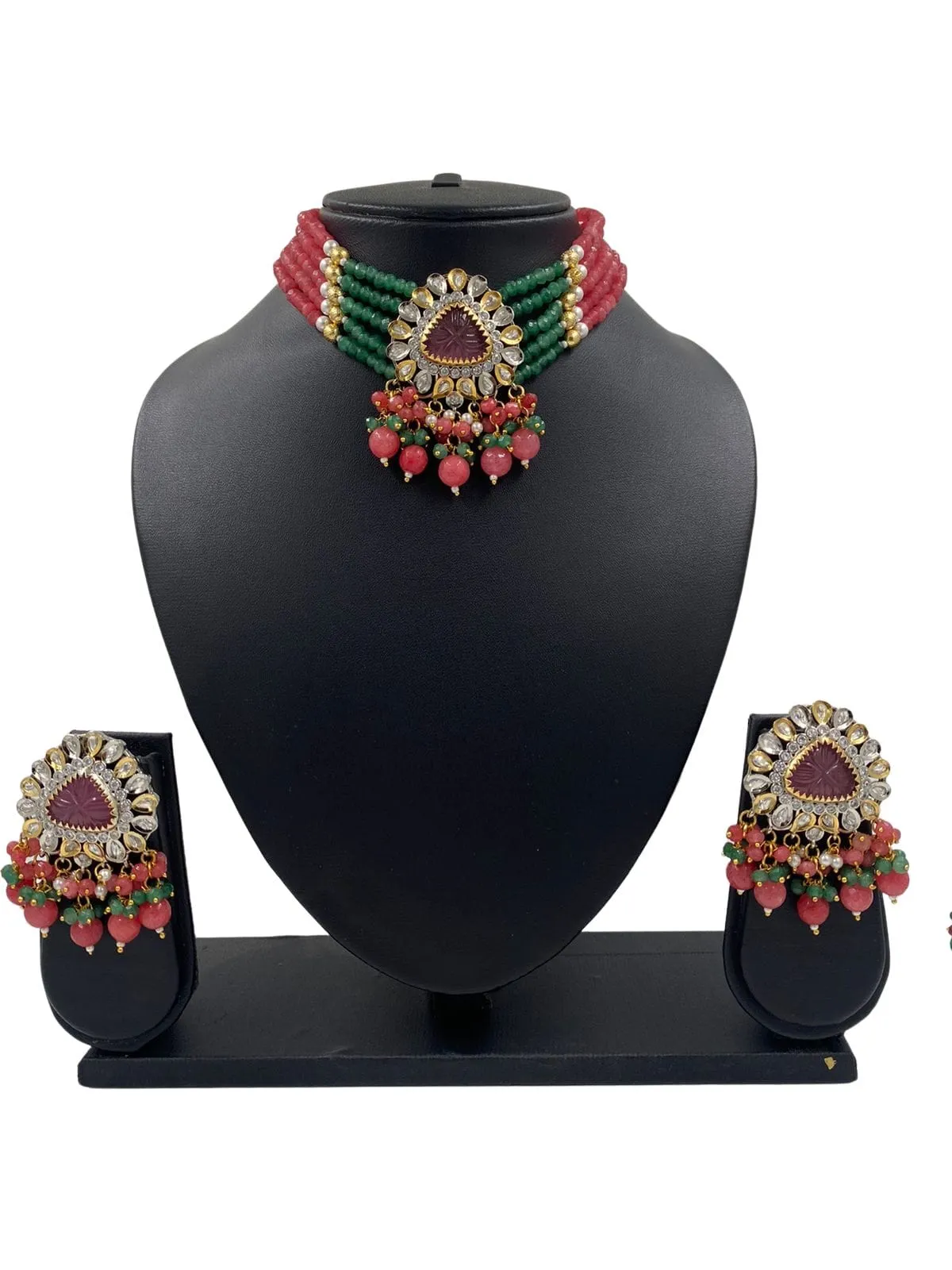 Modern Victorian Kundan And Beads Victorian polish Choker Necklace Set By Gehna Shop