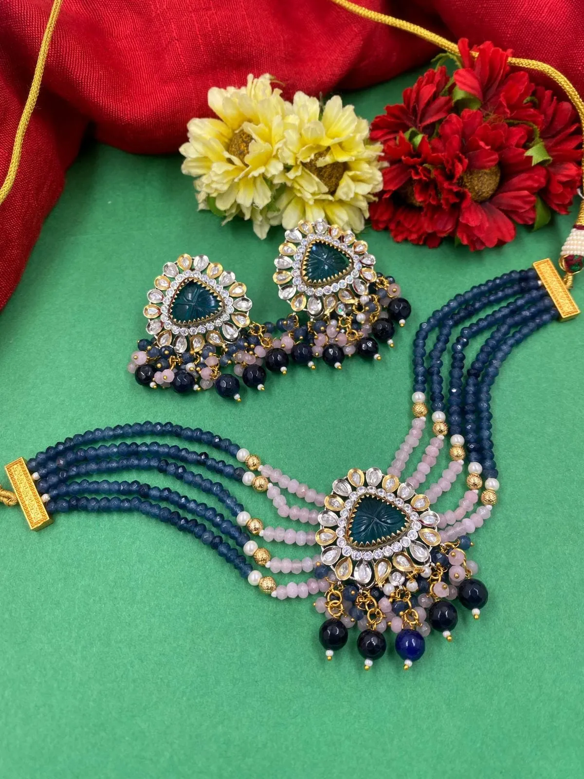 Modern Victorian Kundan And Beads Victorian polish Choker Necklace Set By Gehna Shop