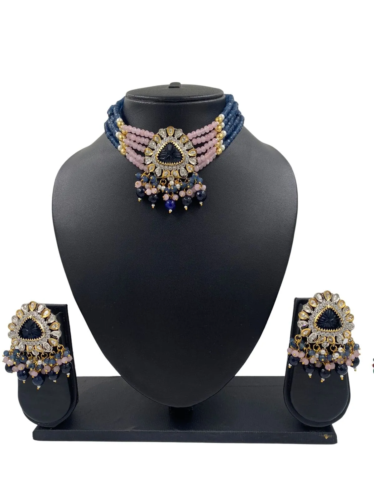 Modern Victorian Kundan And Beads Victorian polish Choker Necklace Set By Gehna Shop