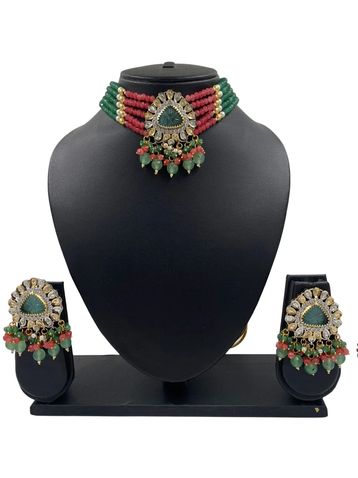 Modern Victorian Kundan And Beads Victorian polish Choker Necklace Set By Gehna Shop