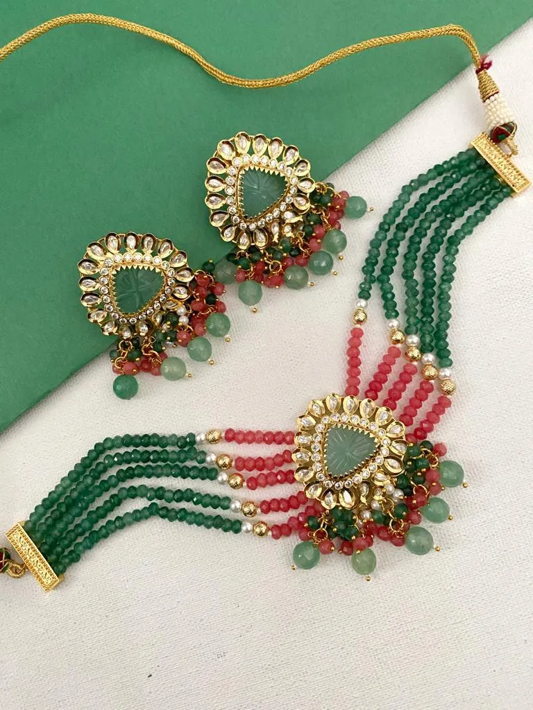 Modern Victorian Kundan And Beads Victorian polish Choker Necklace Set By Gehna Shop