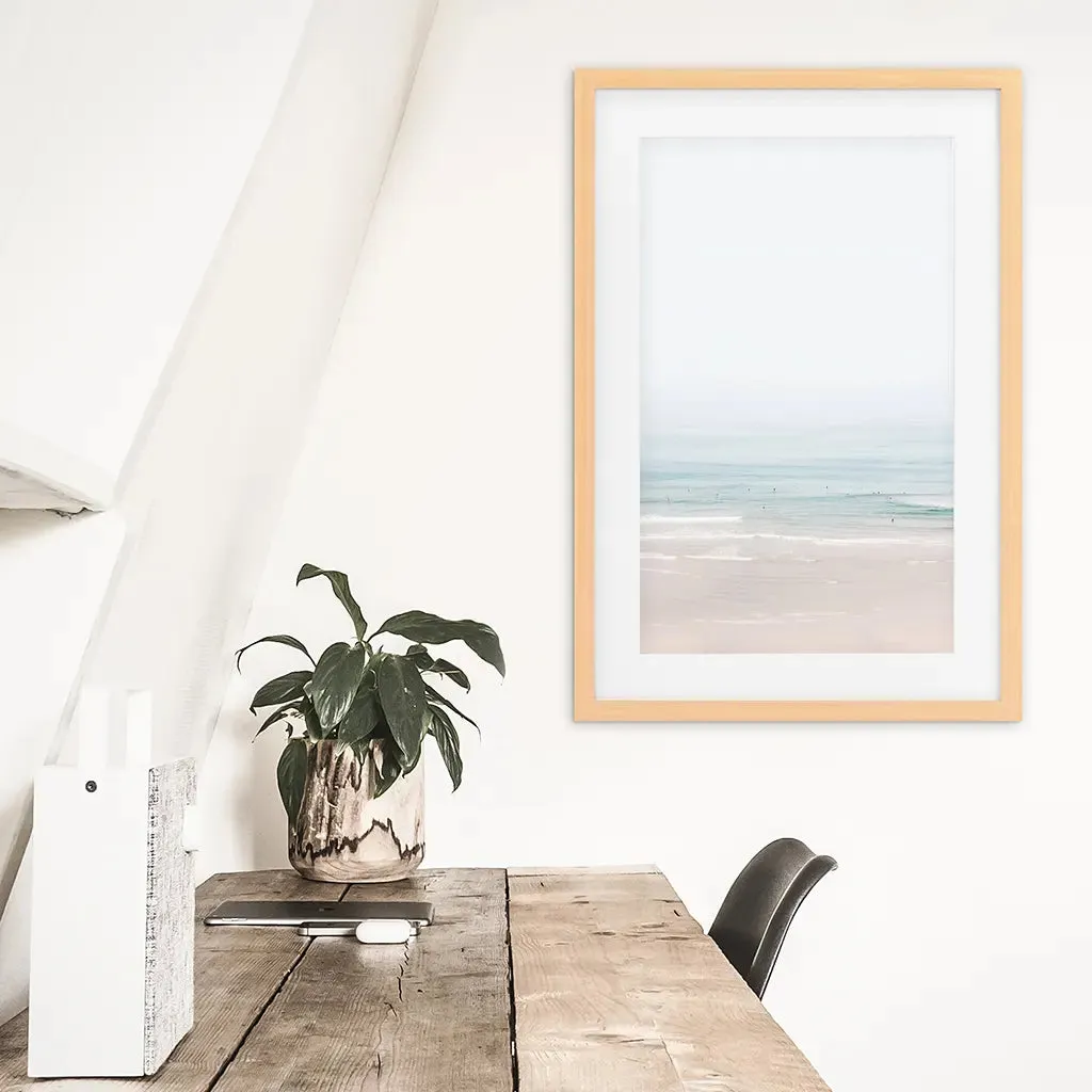 Pastel Pink Beach and Blue Waves. Modern Sea Print