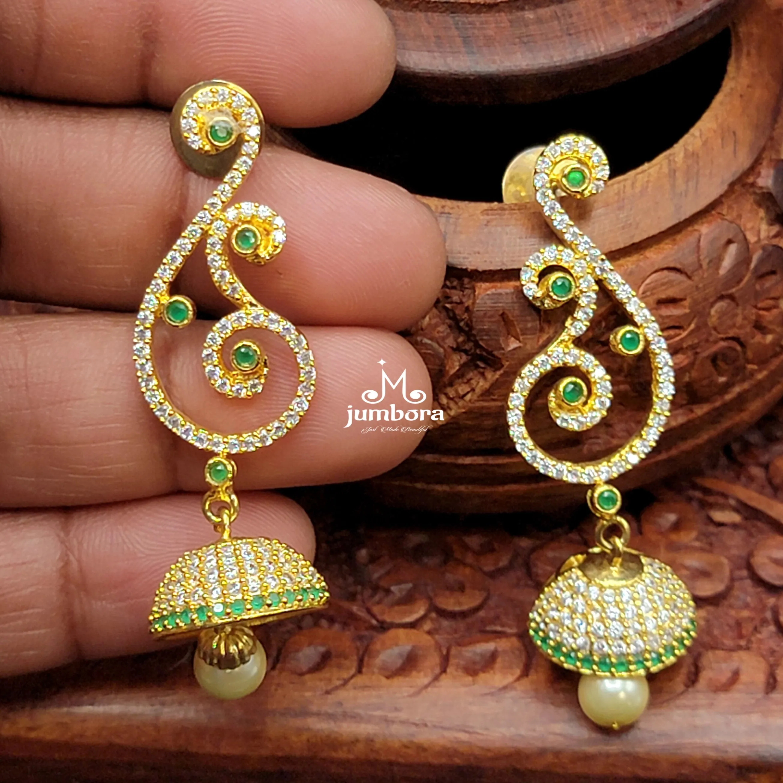 Peacock White & Green AD Zircon (CZ) Jhumka Earring