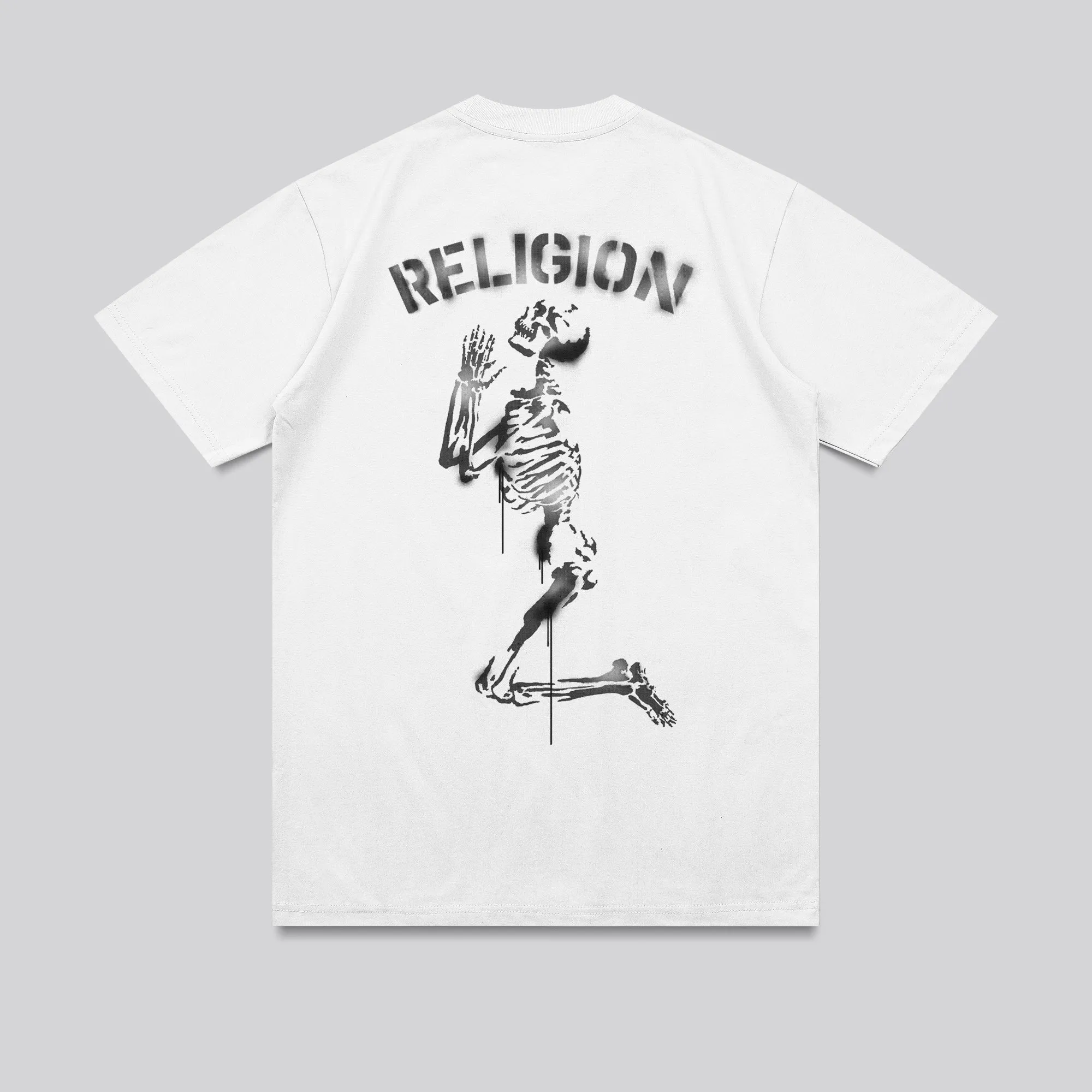 PRAYING SKELETON STENCIL T-SHIRT WHITE