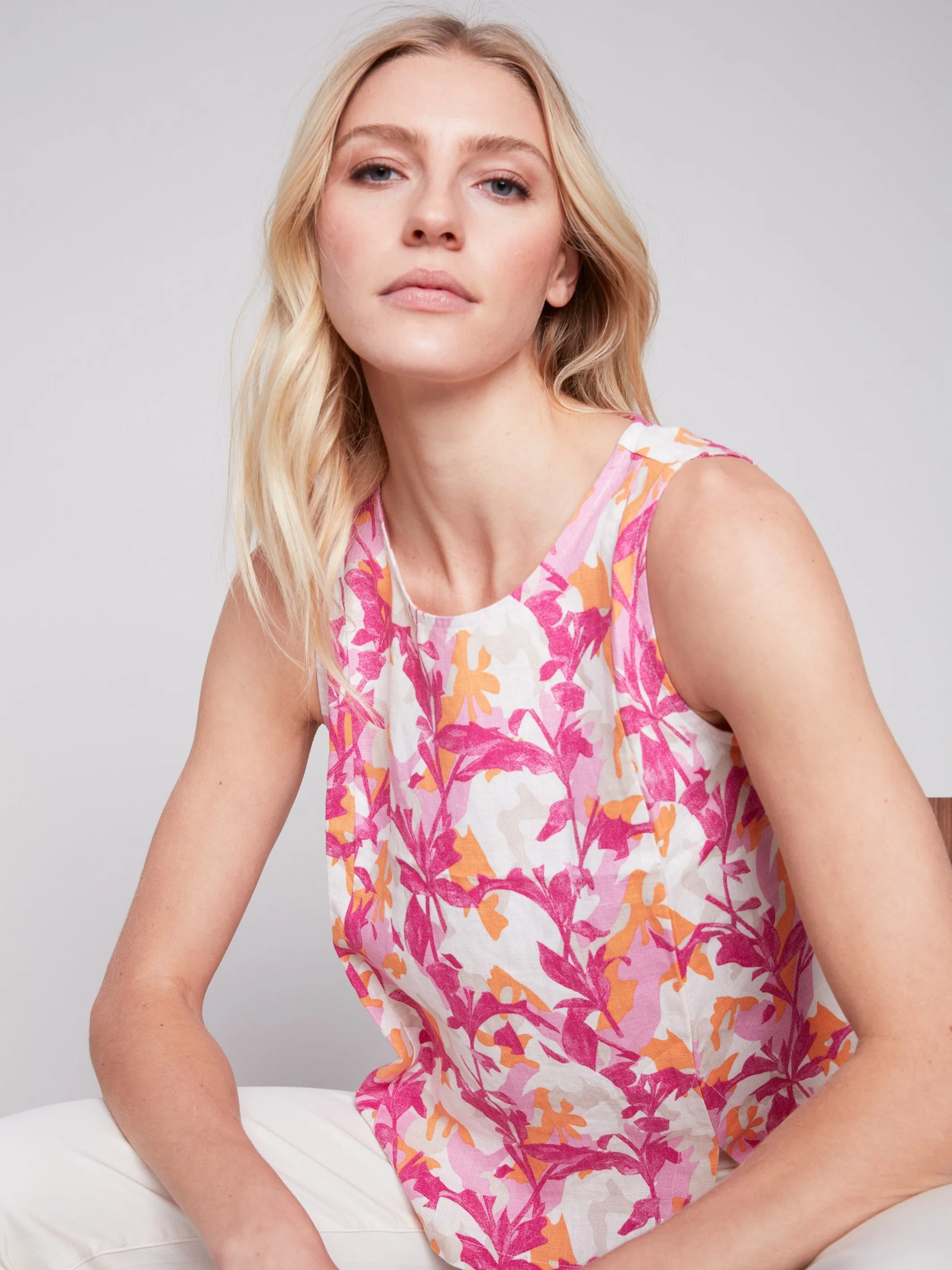 Printed Sleeveless Linen Top with Slit - Sherbet