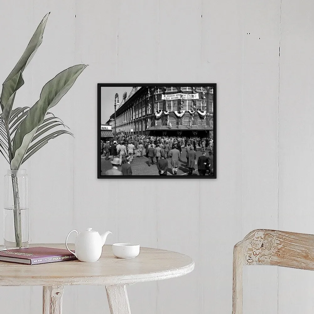 "1940's October 1947 Dodger Baseball Fans Pour Into Main Entrance Ebbets Field" Black Float Frame Canvas Art