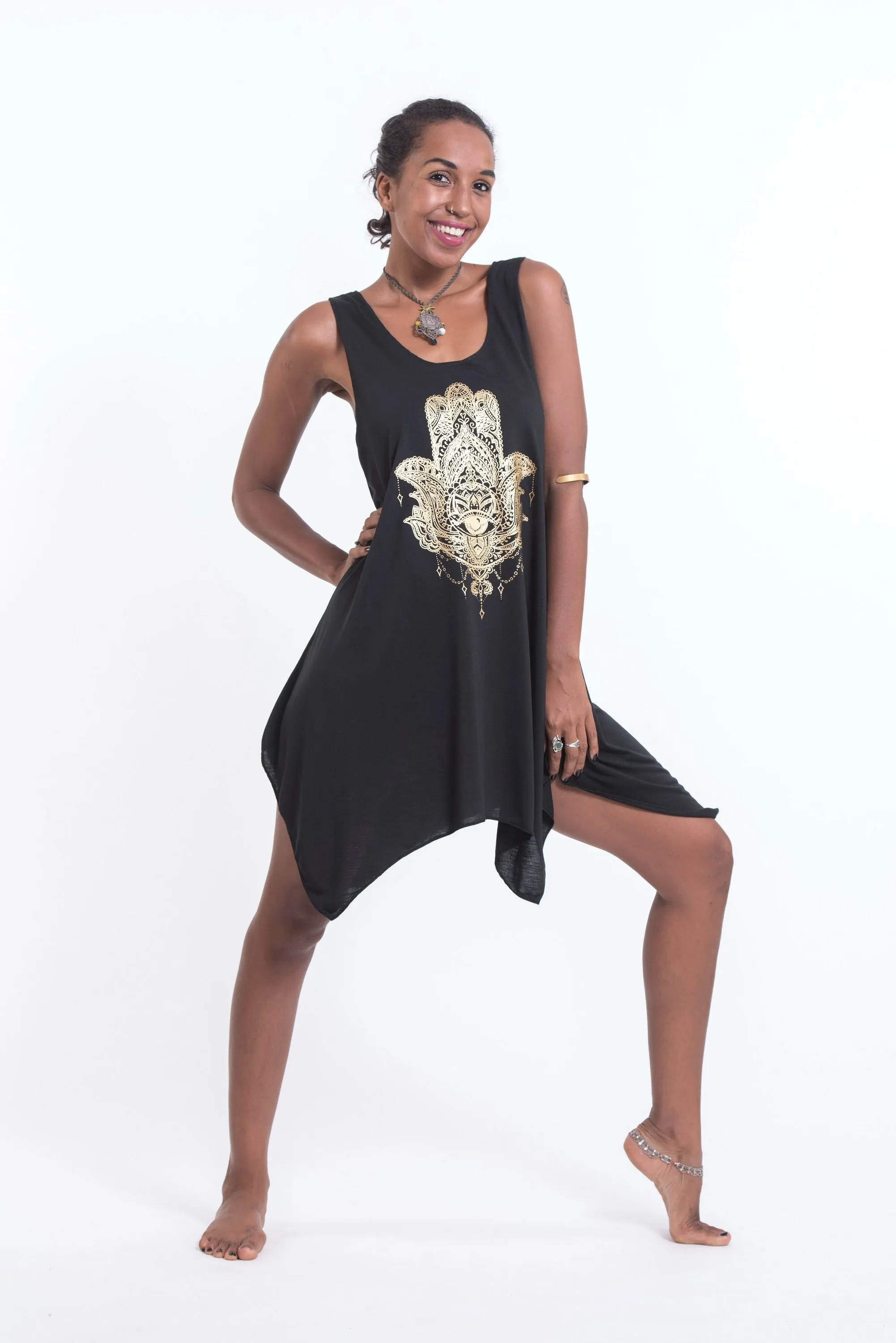 Super Soft Cotton Fatima Hand Tank Dress Gold on Black