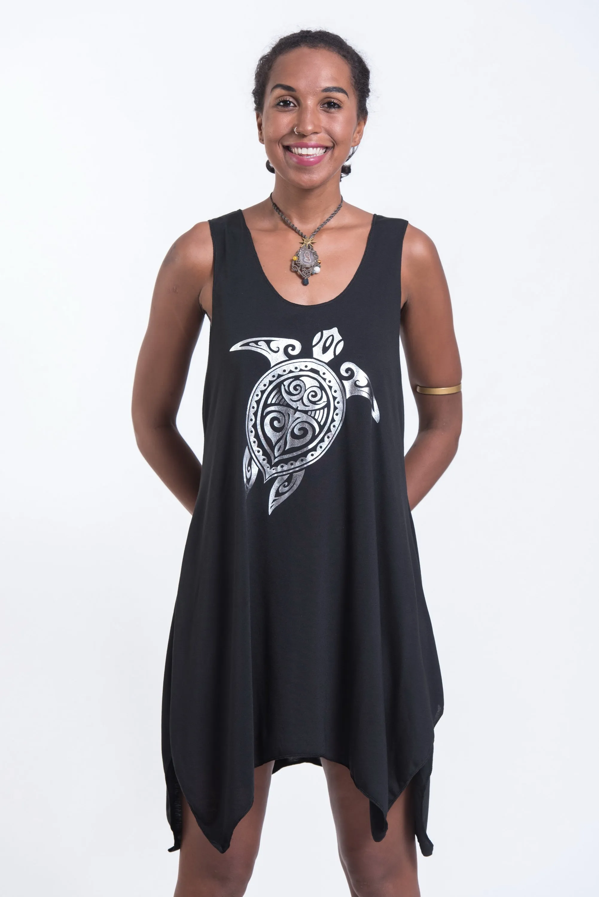 Super Soft Cotton Tribal Turtle Tank Dress Silver on Black