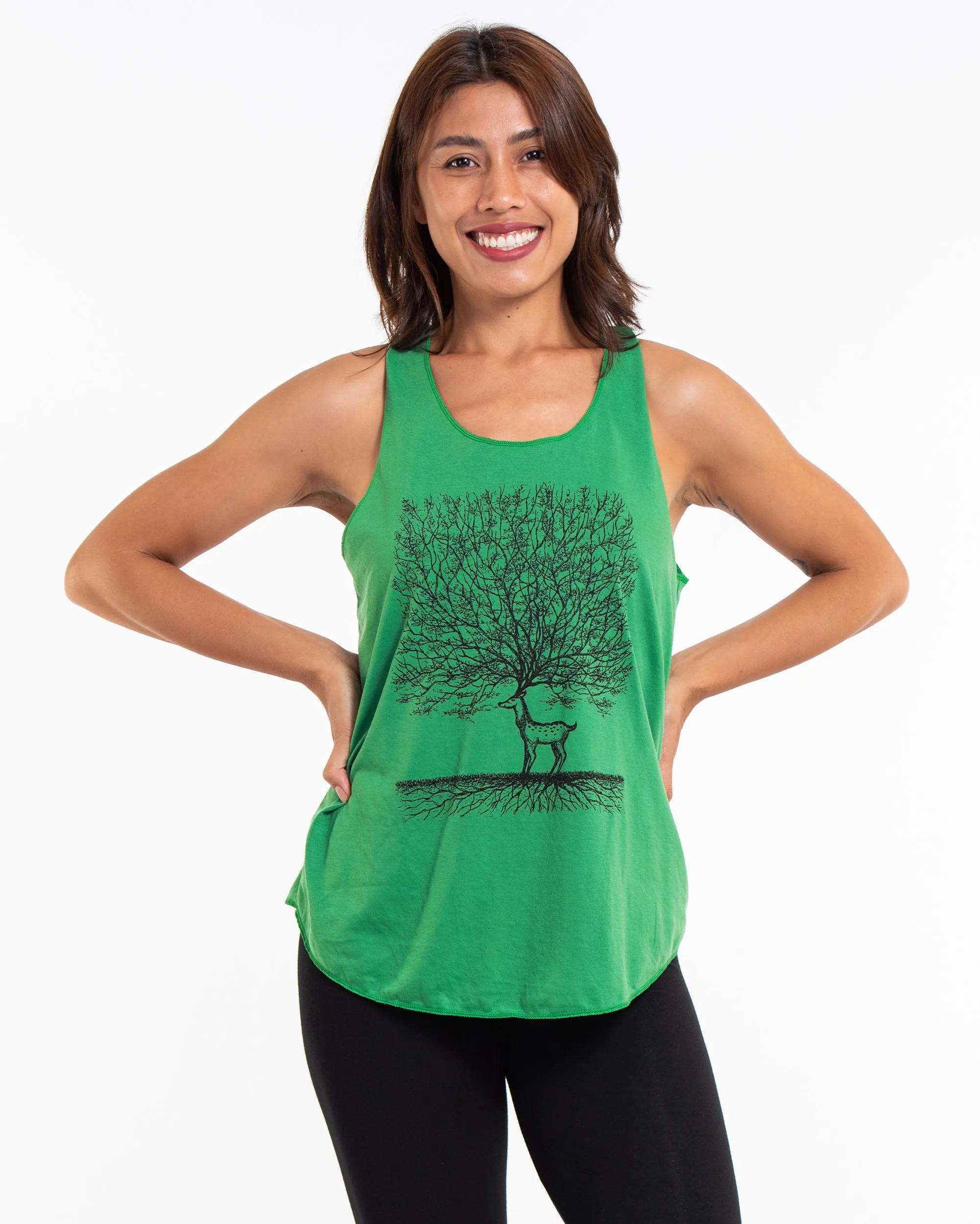 Super Soft Cotton Womens Bambi Tree Tank Top in Green