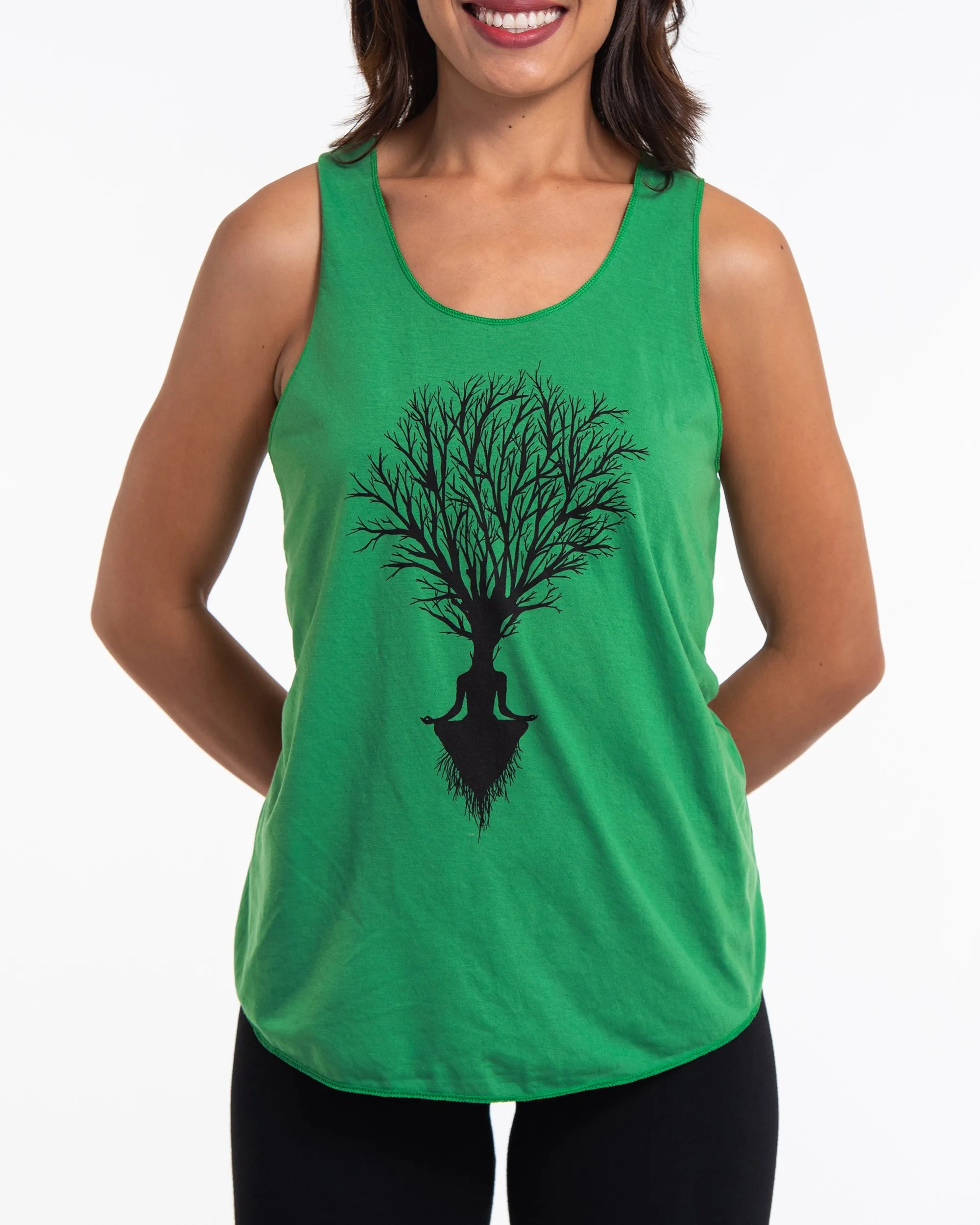 Super Soft Cotton Womens Meditation Tree Tank Top in Green