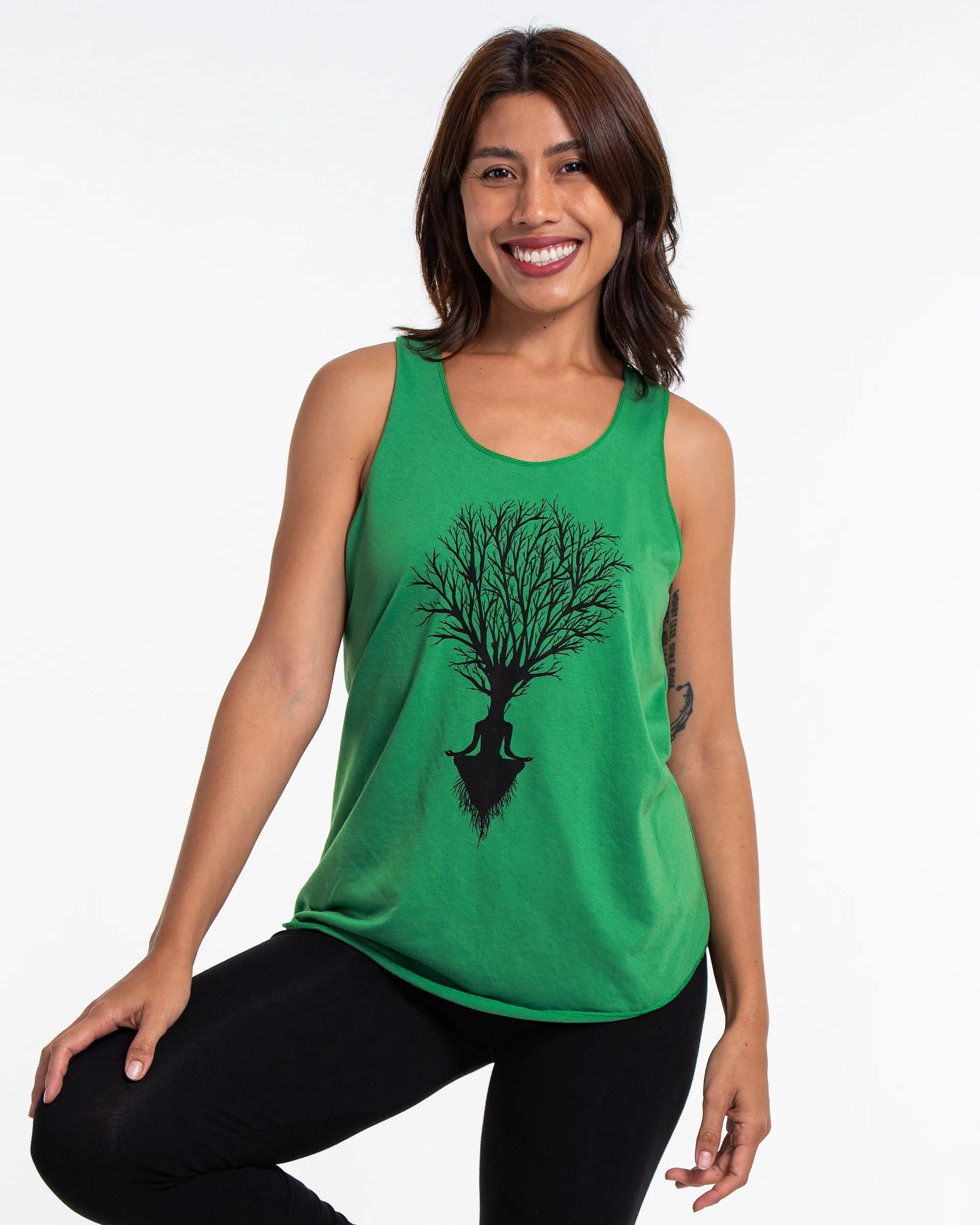 Super Soft Cotton Womens Meditation Tree Tank Top in Green