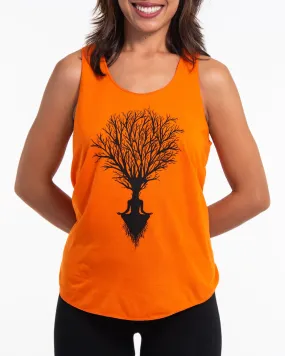 Super Soft Cotton Womens Meditation Tree Tank Top in Orange