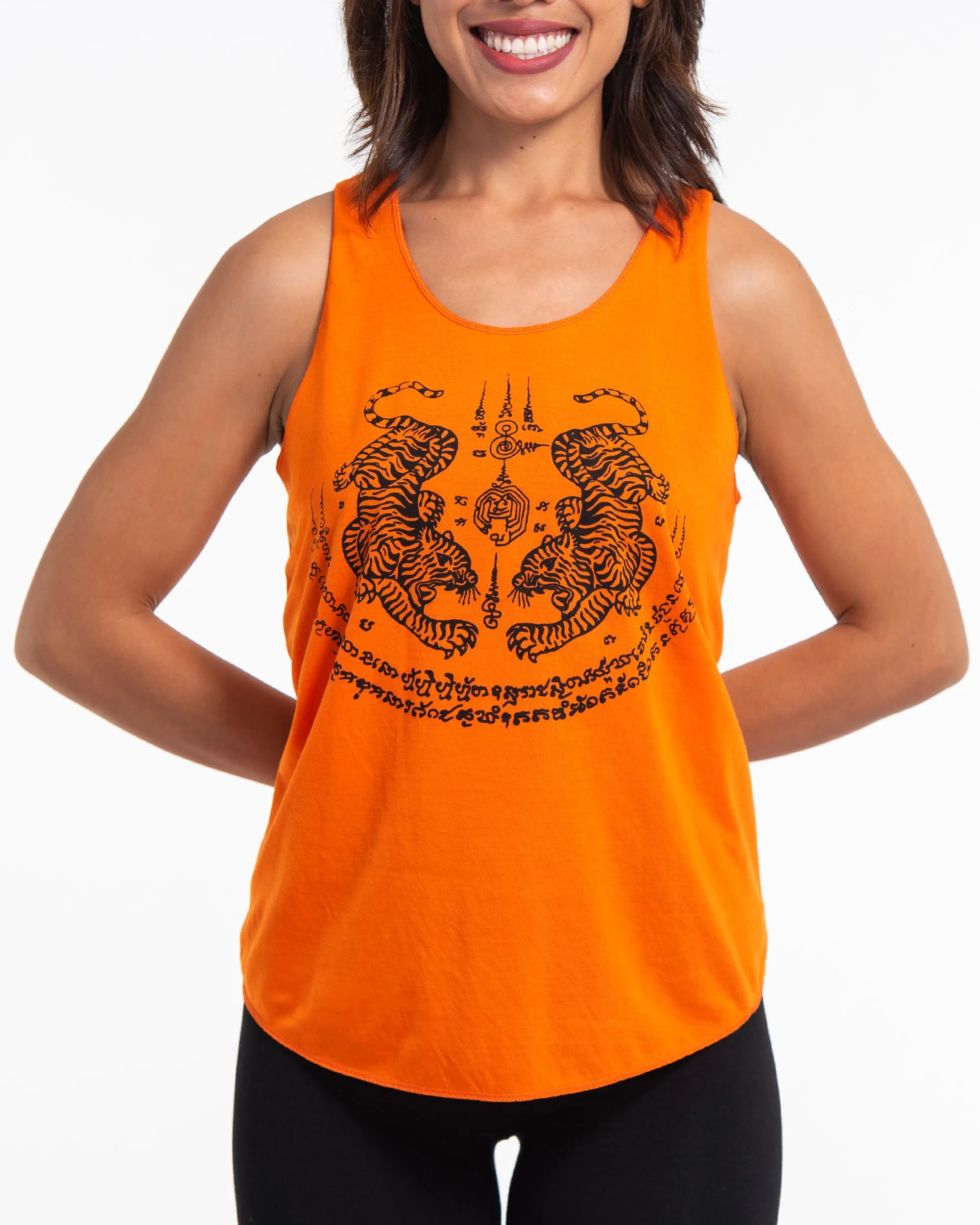 Super Soft Cotton Womens Tiger Tattoo Tank Top in Orange