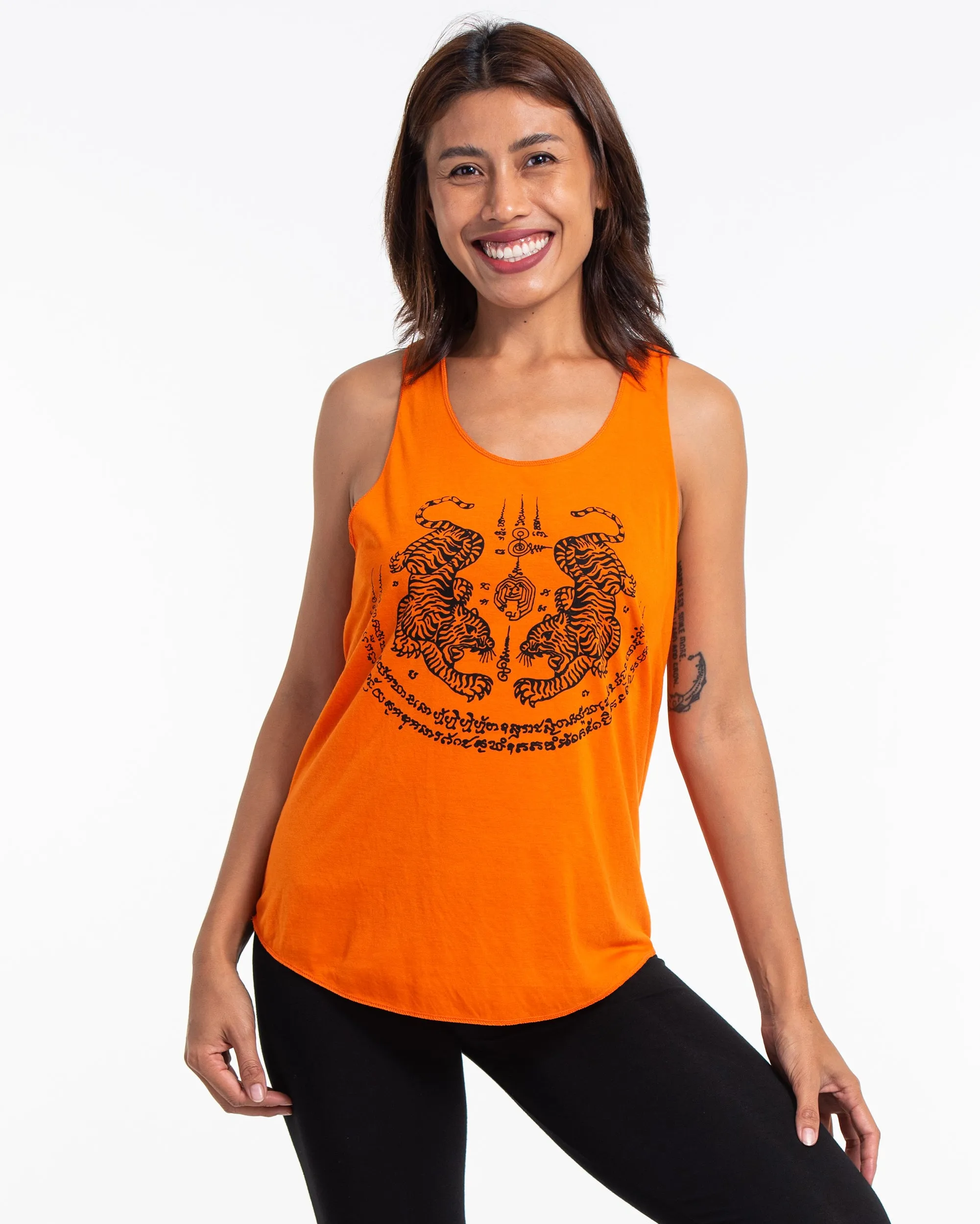 Super Soft Cotton Womens Tiger Tattoo Tank Top in Orange