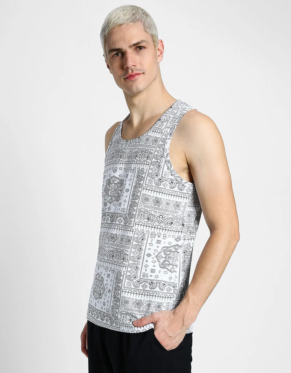 White Bandana Printed Gym Vest